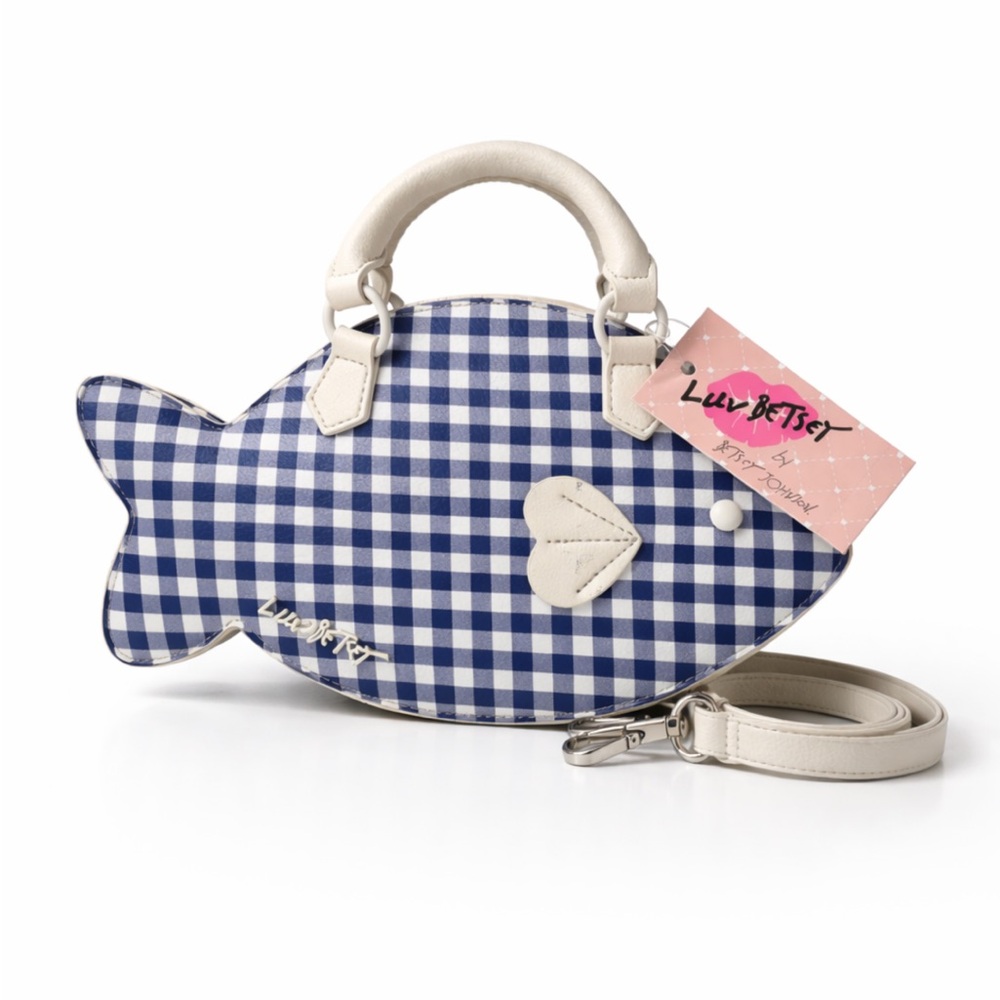 Betsey Johnson Fish Gingham Crossbody Bag Blue White Novelty NWOT Plaid